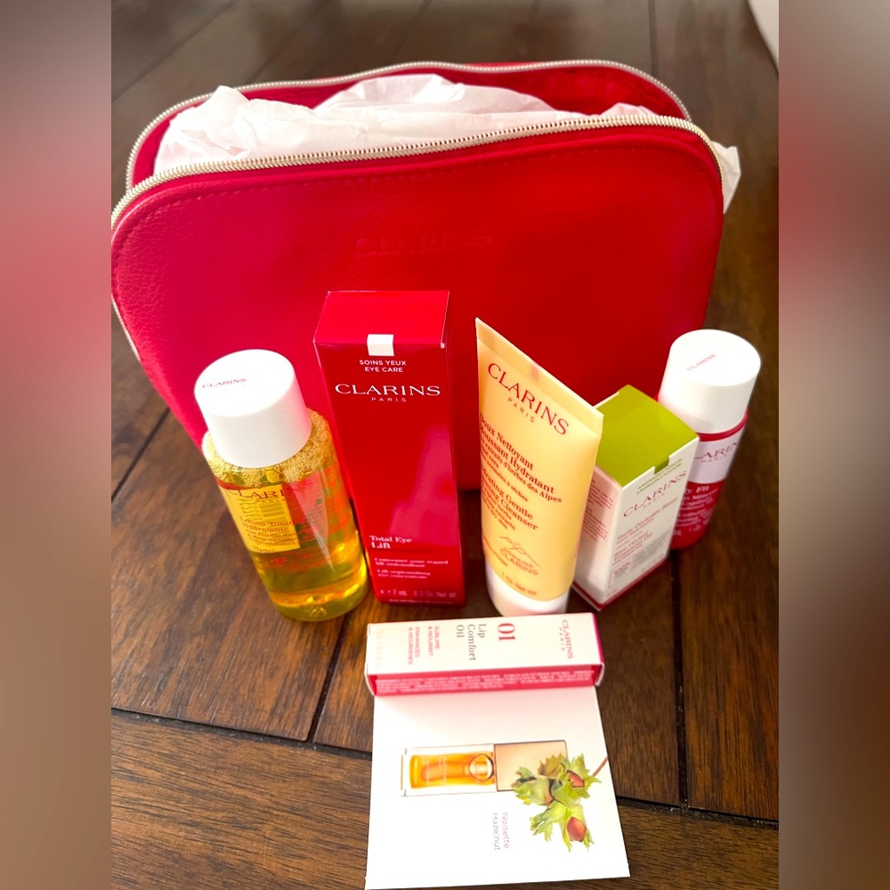 NIB Clarins Red Cosmetic Bag with Skincare Products